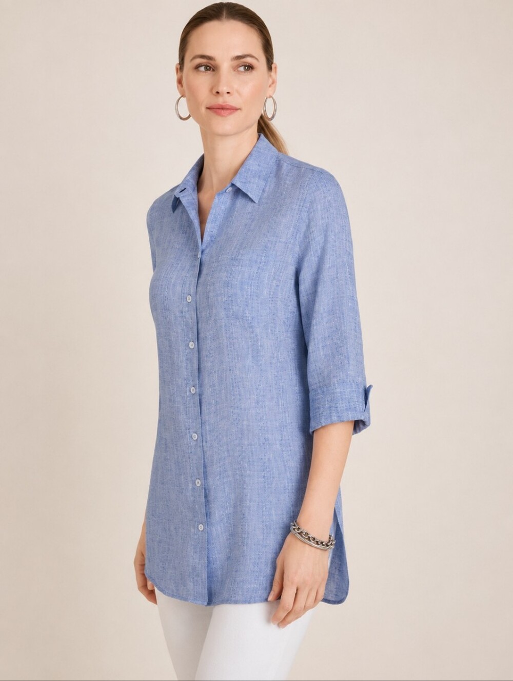 Chico's No Iron Linen Button-Down Tunic Shirt Size 2 Large Embroidered Coastal